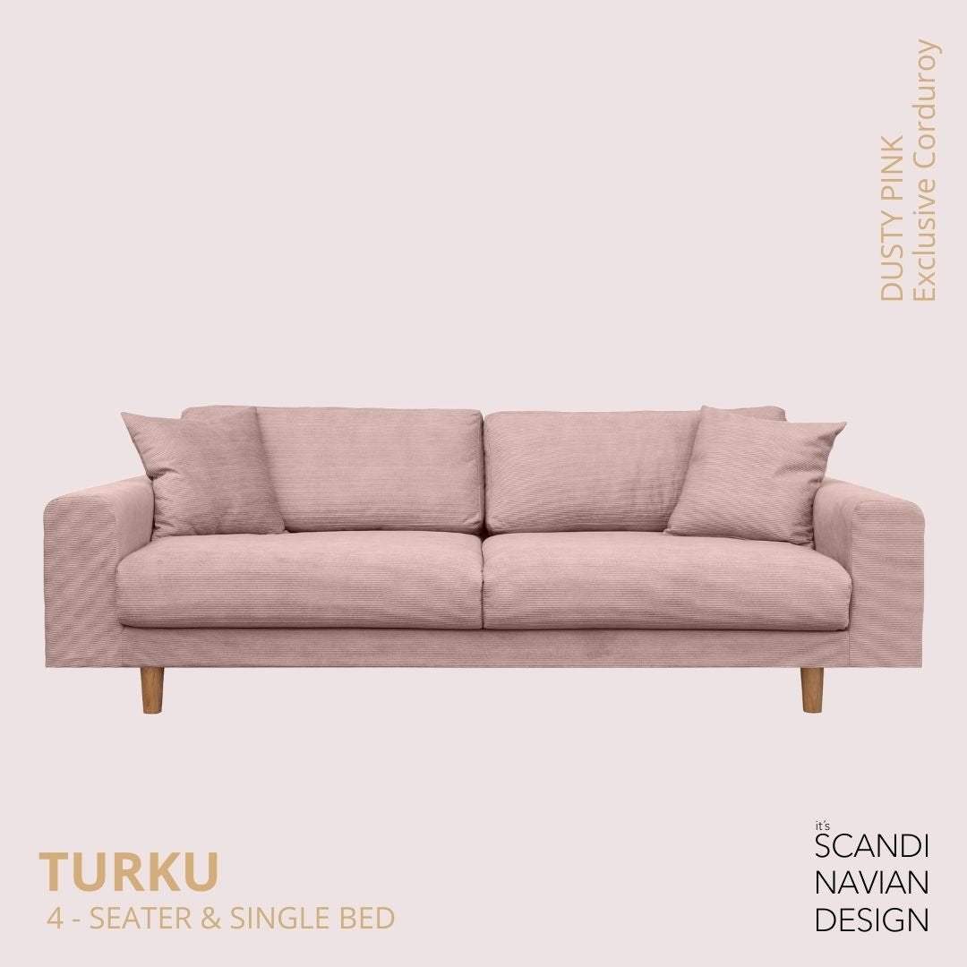 TURKU 4 - seater sofa/single bed Exclusive Corduroy, Dusty Pink removable & washable covers - Scandinavian Stories by Marton